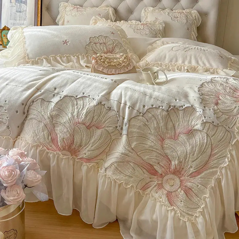 French princess cream & pink floral embroidery bedding set bedroom