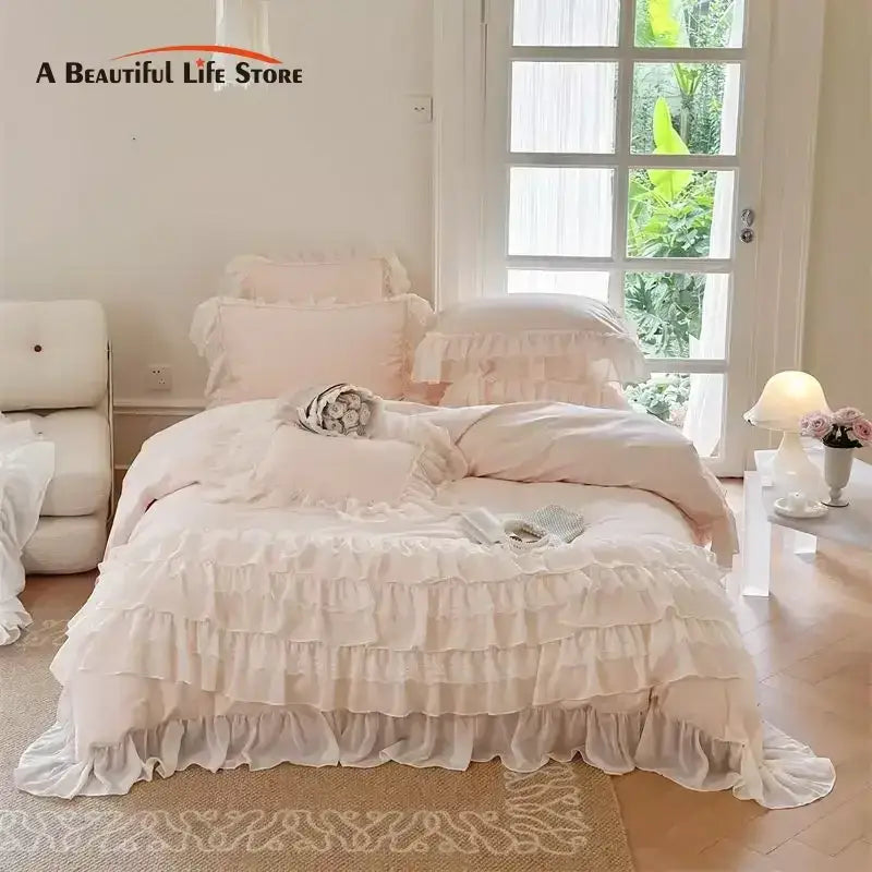 French princess cream ruffled bedding set bedroom lace bedspread