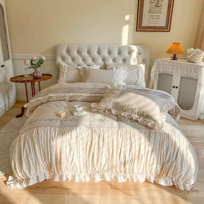 French princess cream satin bedding set with flower embroidery bedroom
