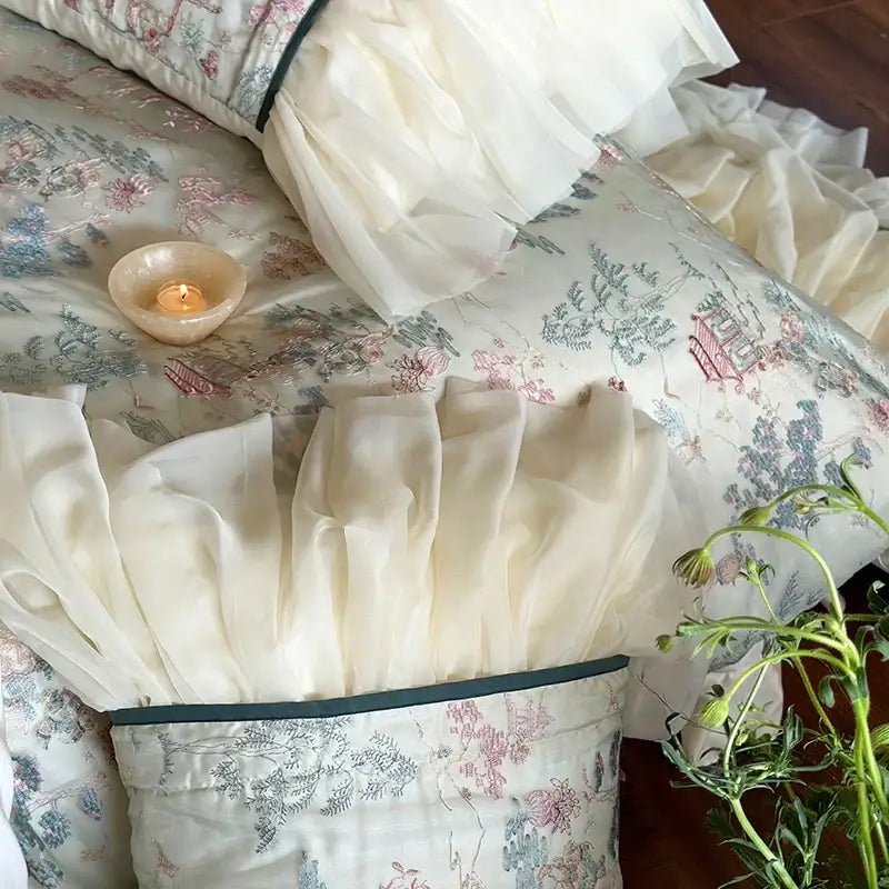 French princess ivory & green lace ruffles bedding set bedroom