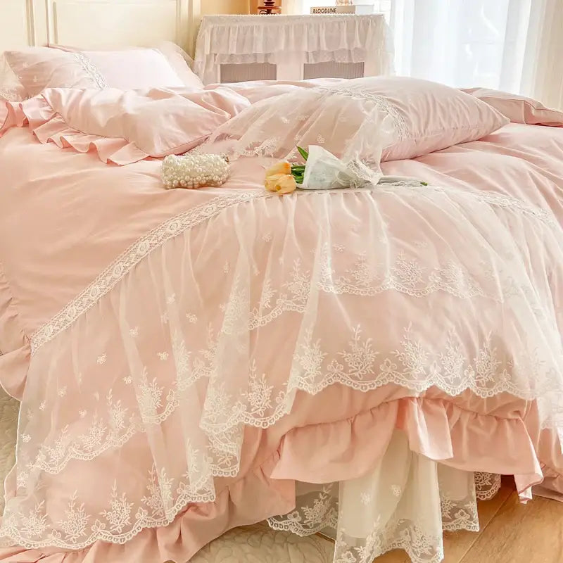 French princess lace pink bedding set – bedroom ruffled cotton
