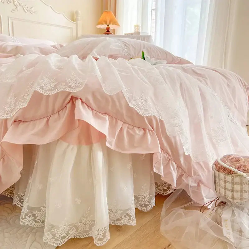 French princess lace pink bedding set – bedroom ruffled cotton