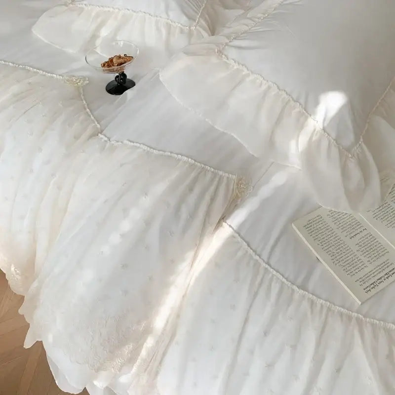French princess white ruffled lace bedding set bedroom duvet cover