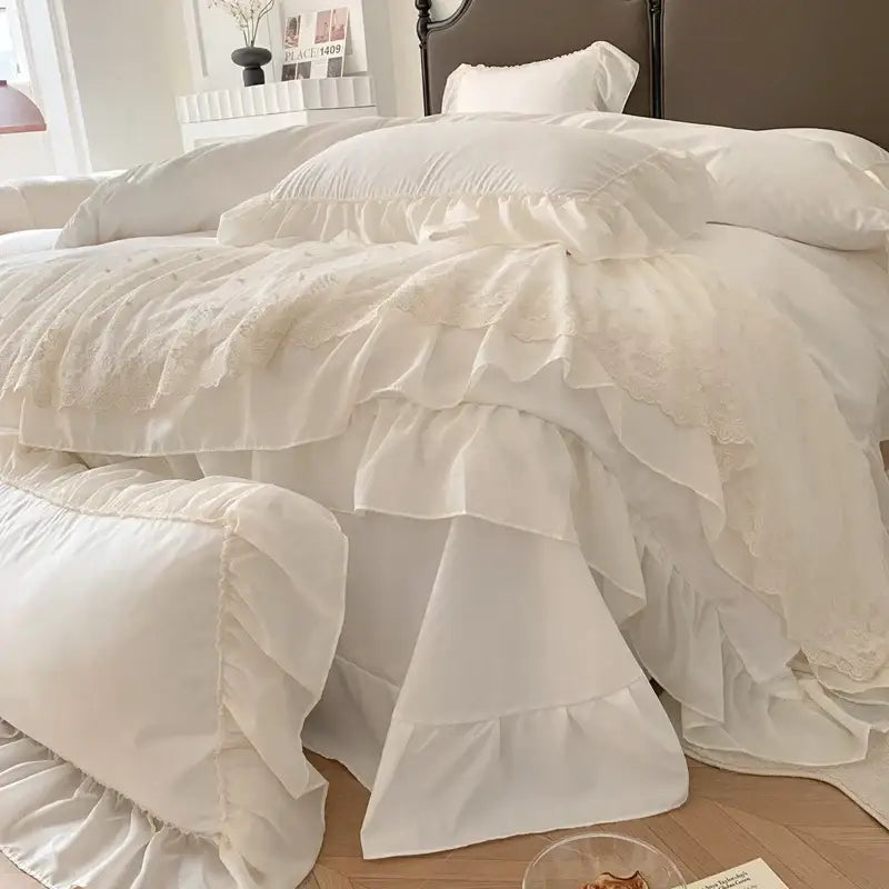 French princess white ruffled lace bedding set bedroom duvet cover