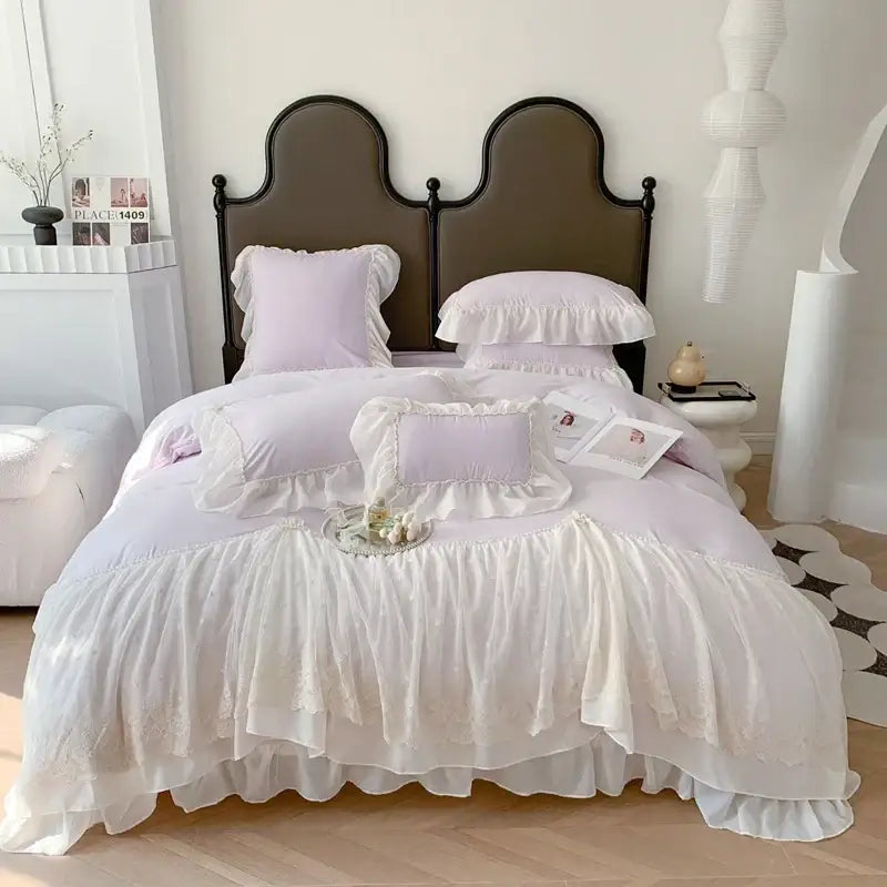 French princess white ruffled lace bedding set bedroom duvet cover
