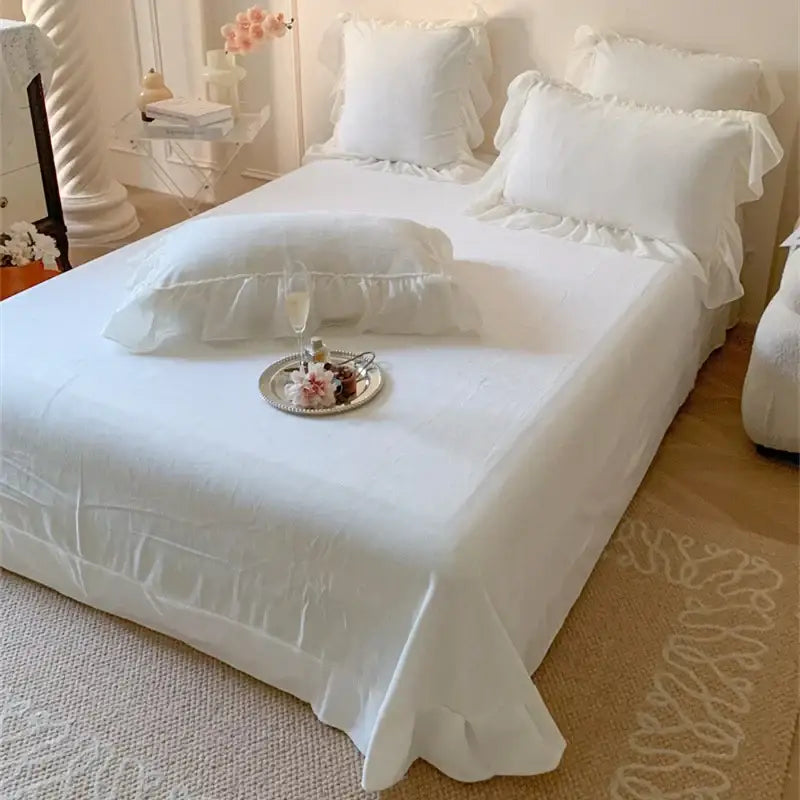 French princess white velvet ruffled bedding set bedroom lace trim