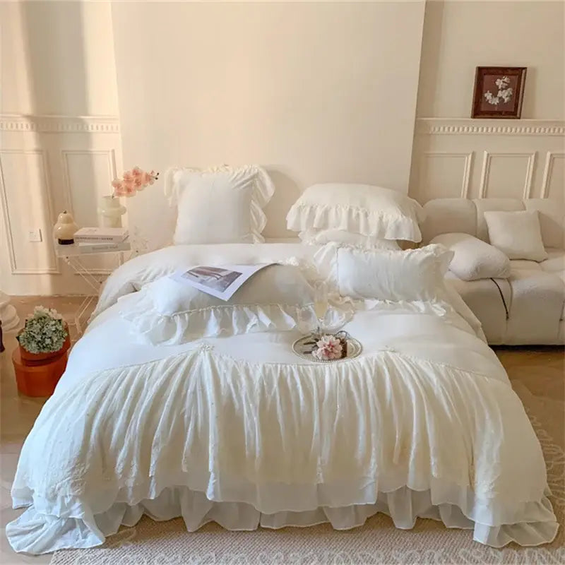 French princess white velvet ruffled bedding set bedroom lace trim