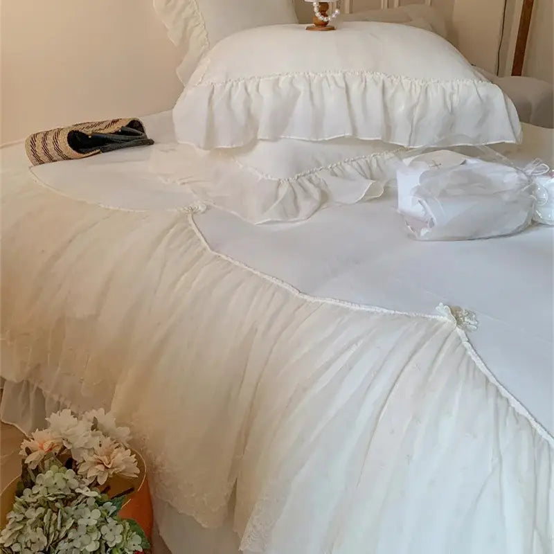 French princess white velvet ruffled bedding set bedroom lace trim
