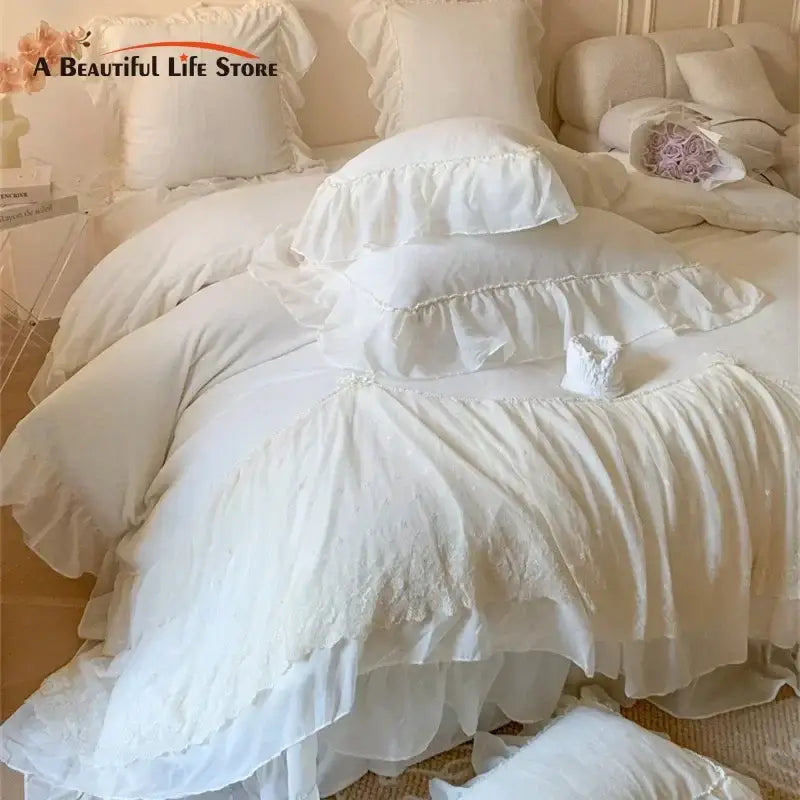 French princess white velvet ruffled bedding set bedroom lace trim