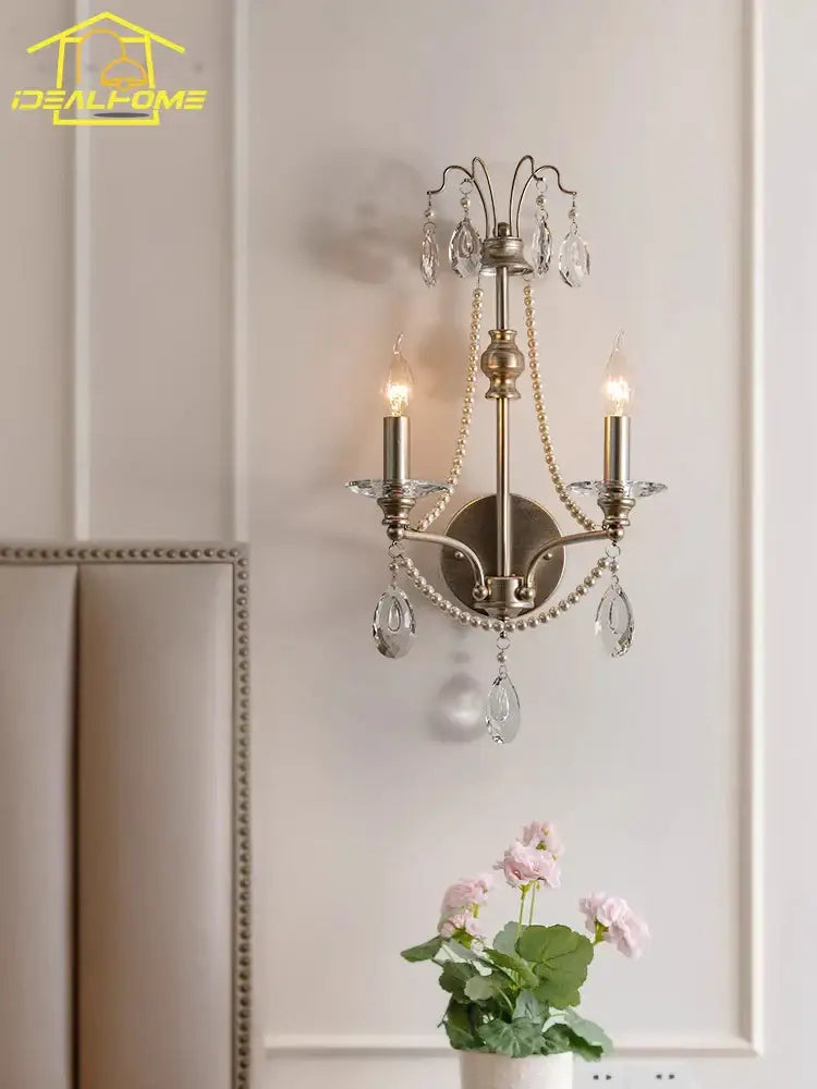 French retro antique brass crystal wall lamp living room sconce