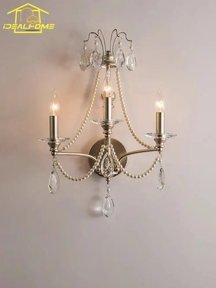 French retro antique brass crystal wall lamp living room sconce