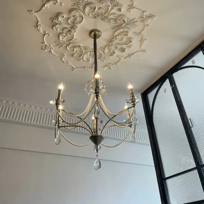 French retro pearl crystal chandelier antique brass dining room