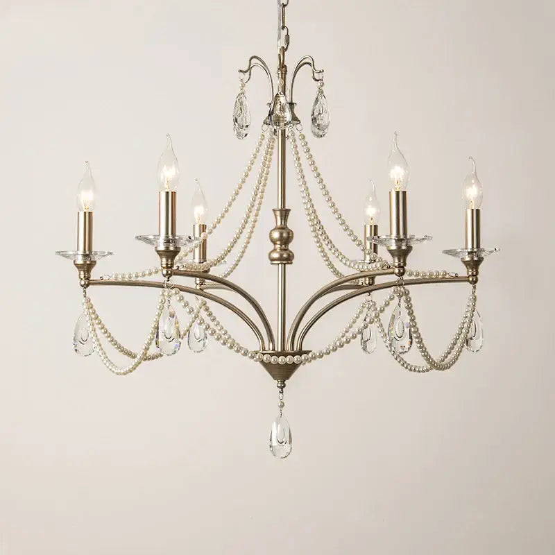 French retro pearl crystal chandelier antique brass dining room