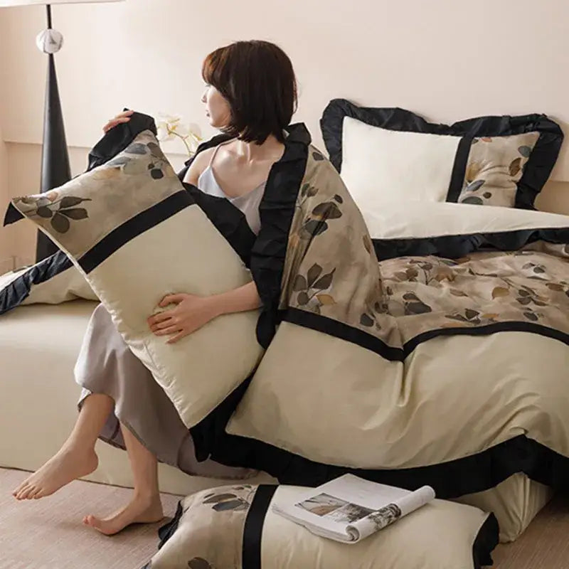 French retro rayon beige & black leaf bedding set bedroom duvet cover