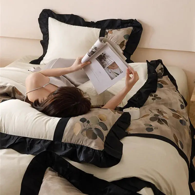 French retro rayon beige & black leaf bedding set bedroom duvet cover