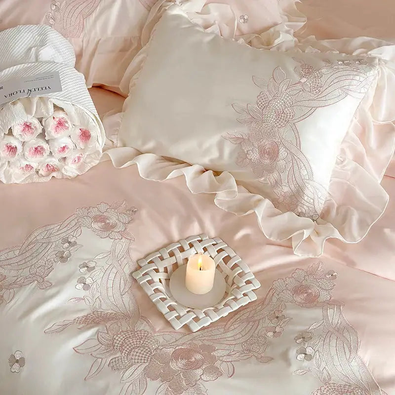 French romantic pink & blue lace ruffles bedding set bedroom floral