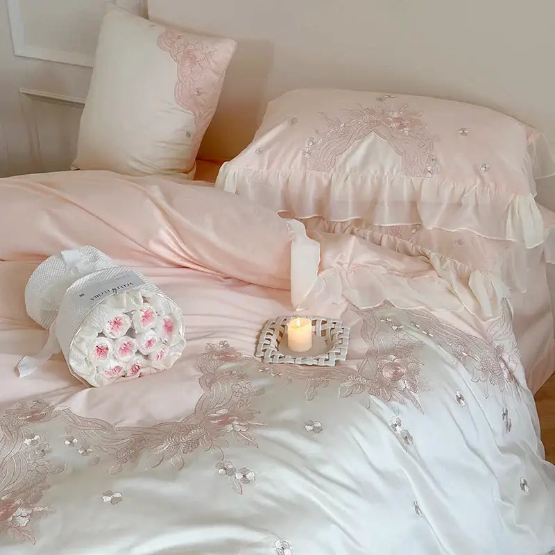 French romantic pink & blue lace ruffles bedding set bedroom floral