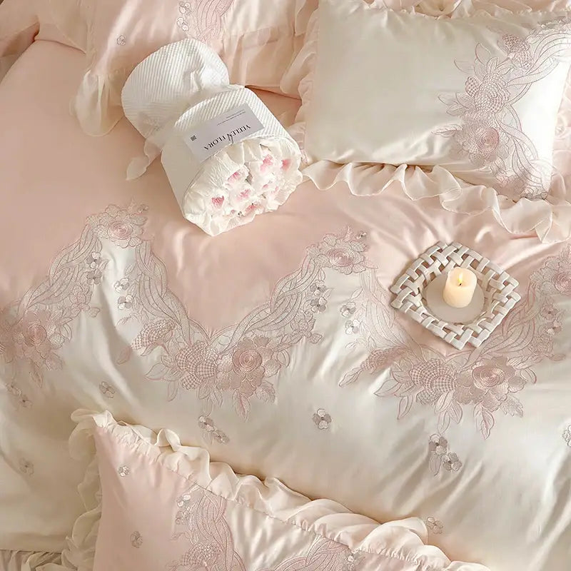 French romantic pink & blue lace ruffles bedding set bedroom floral