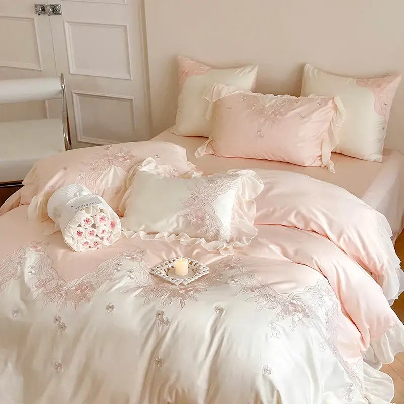 French romantic pink & blue lace ruffles bedding set bedroom floral