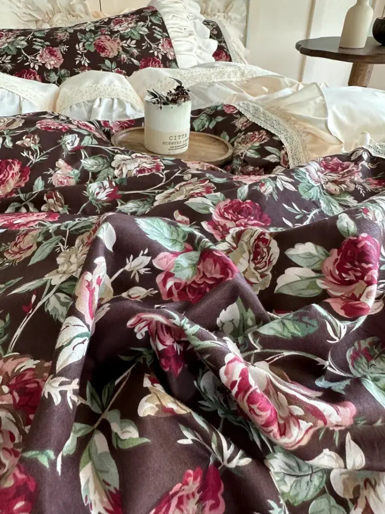 French rose flowers bedding set – bedroom cream ruffled cotton lace