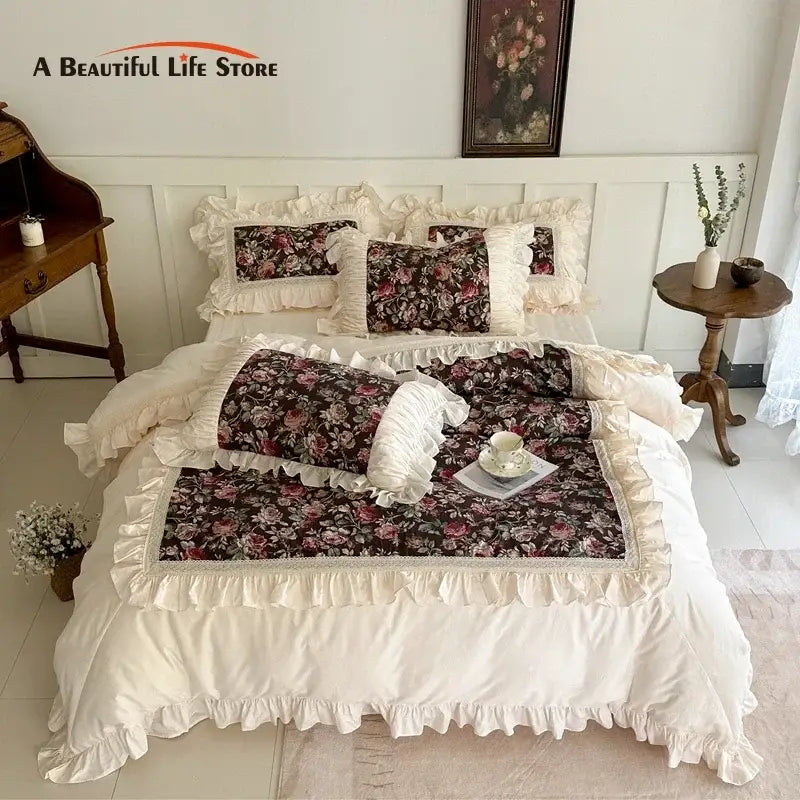 French rose flowers bedding set – bedroom cream ruffled cotton lace