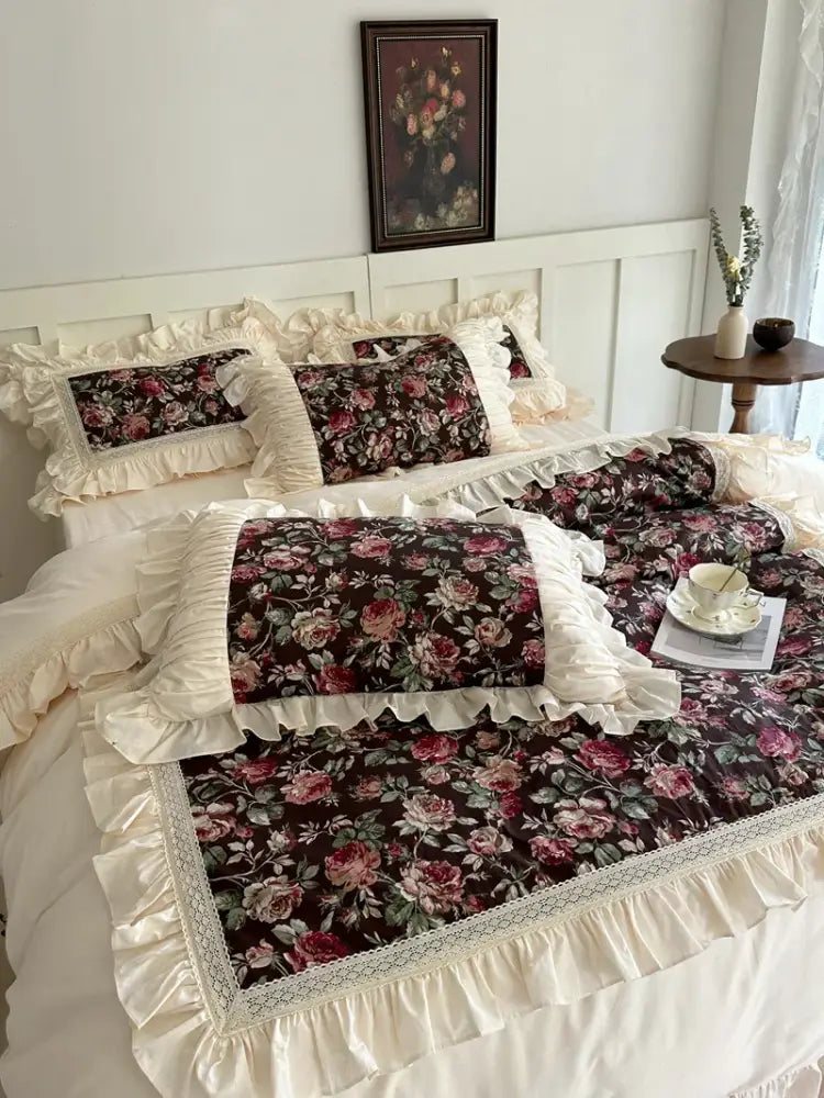 French rose flowers bedding set – bedroom cream ruffled cotton lace