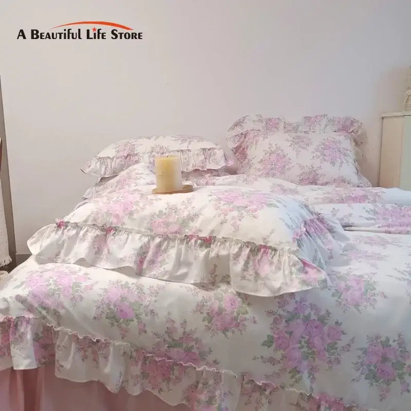French rose flowers print ruffled cotton bedding set bedroom