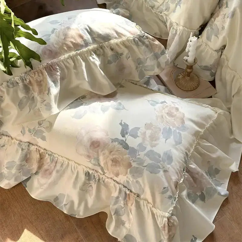 French rose flowers ruffled bedding set bedroom decor