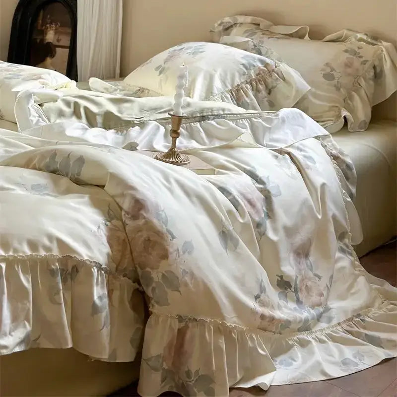 French rose flowers ruffled bedding set bedroom decor