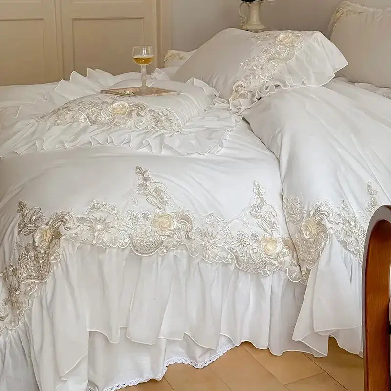 French rose flowers white satin lace bedding set bedroom ruffles