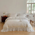 French rose flowers white satin lace bedding set bedroom ruffles