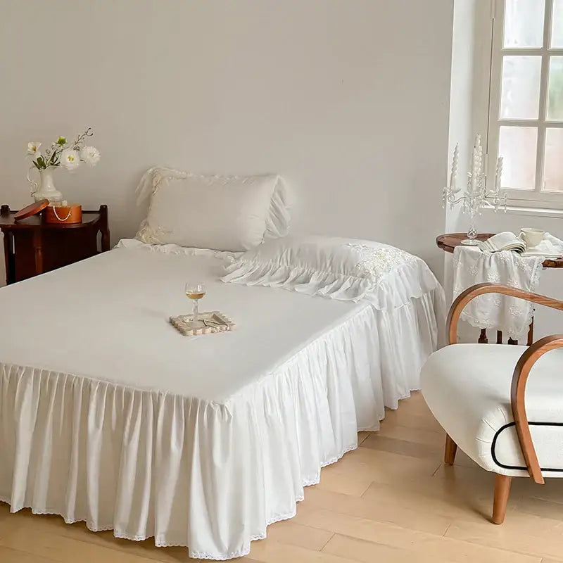 French rose flowers white satin lace bedding set bedroom ruffles