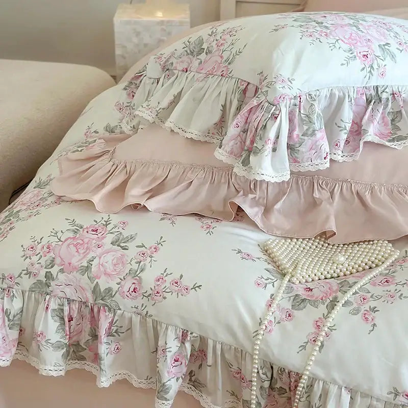 French rose lace pink & white bedding set – bedroom ruffles