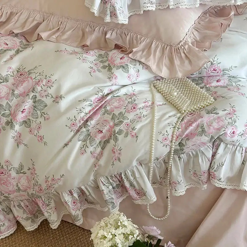 French rose lace pink & white bedding set – bedroom ruffles