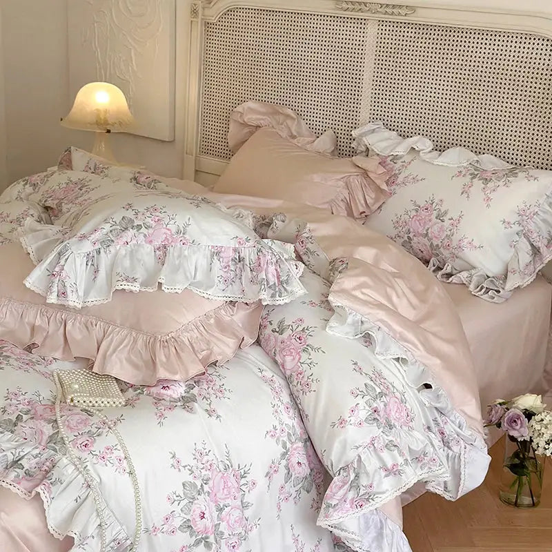 French rose lace pink & white bedding set – bedroom ruffles