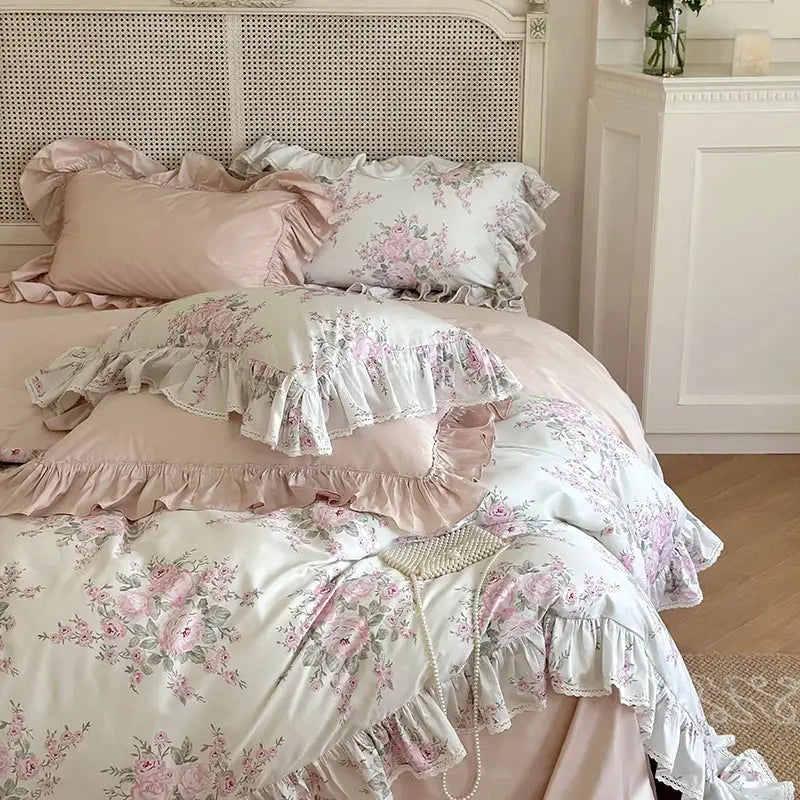 French rose lace pink & white bedding set – bedroom ruffles