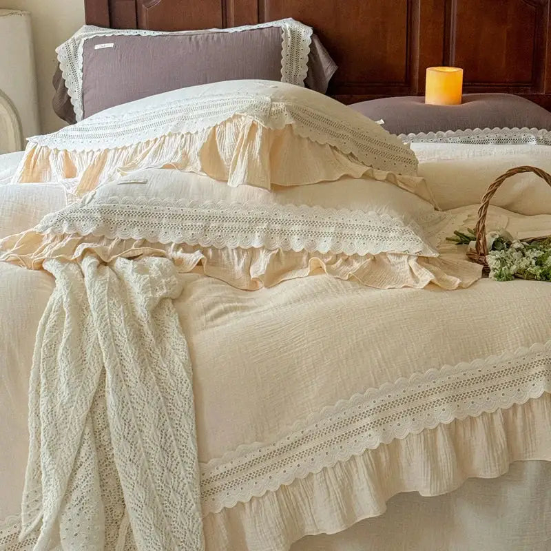 French ruffles cotton cream bedding set bedroom lace duvet cover