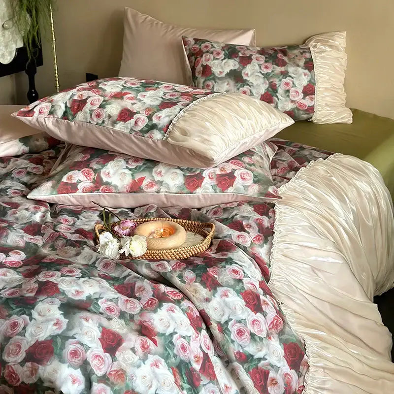 French rustic rose cream cotton duvet set bedroom pleated ruffles