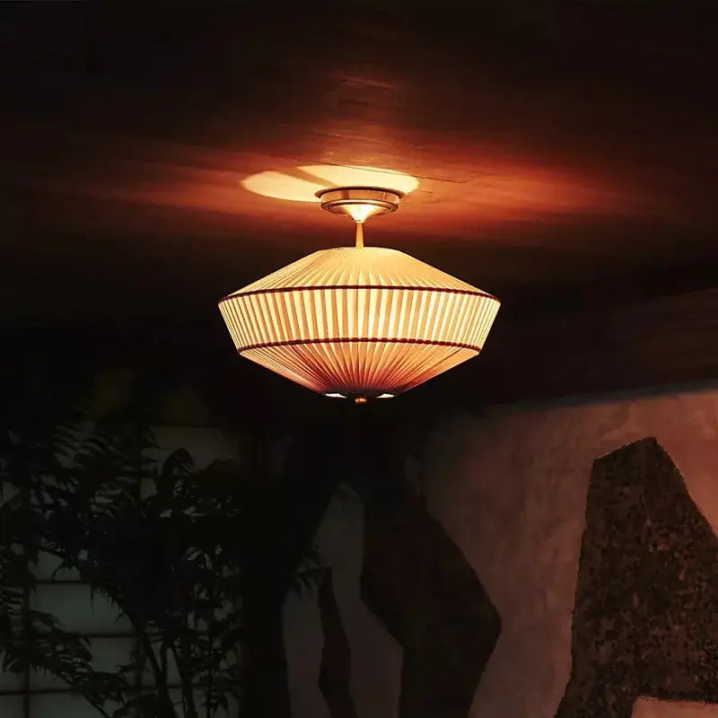 French style fabric pleated ceiling lamp bedroom brass light
