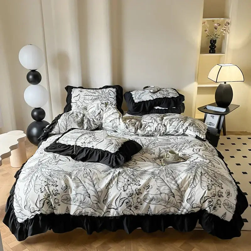 French vintage black & cream ruffles duvet cover set bedroom bedding