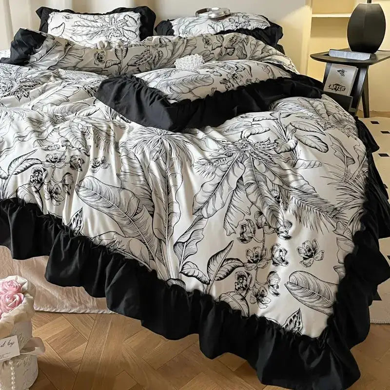 French vintage black & cream ruffles duvet cover set bedroom bedding