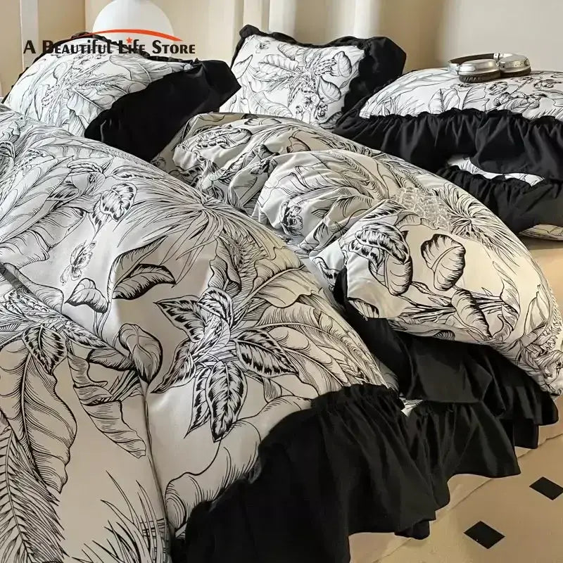 French vintage black & cream ruffles duvet cover set bedroom bedding