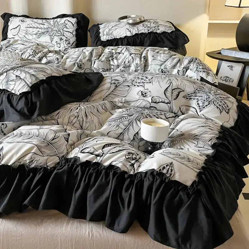 French vintage black & cream ruffles duvet cover set bedroom bedding
