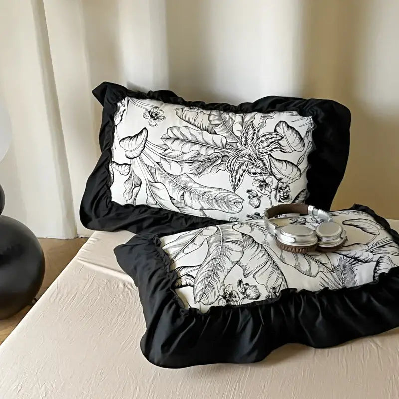 French vintage black & cream ruffles duvet cover set bedroom bedding