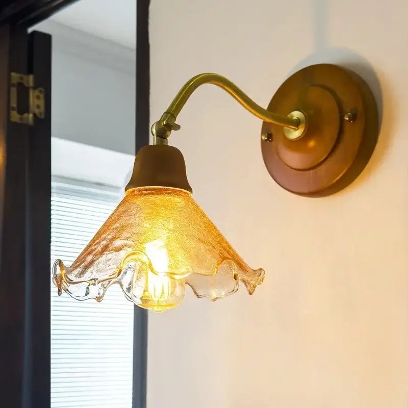 French vintage copper glass wall sconce bedroom pull chain light