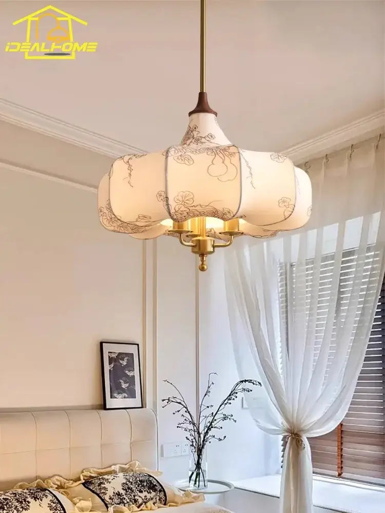 French vintage cream floral fabric pendant light bedroom