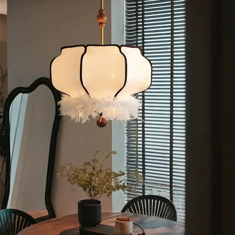 French vintage fabric chandelier cream feather light for dining room