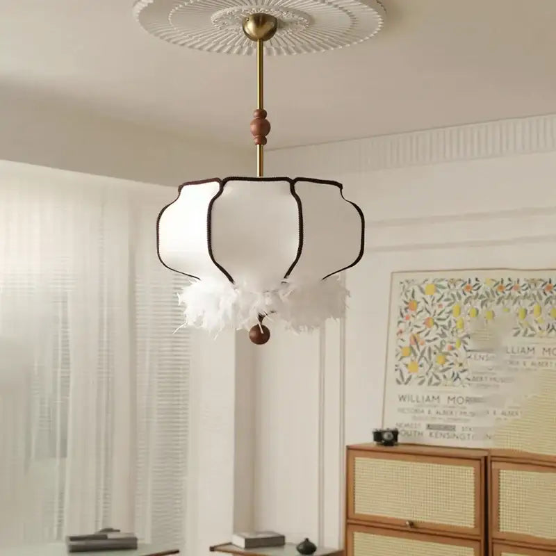 French vintage fabric chandelier cream feather light for dining room