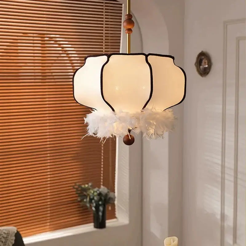 French vintage fabric chandelier cream feather light for dining room