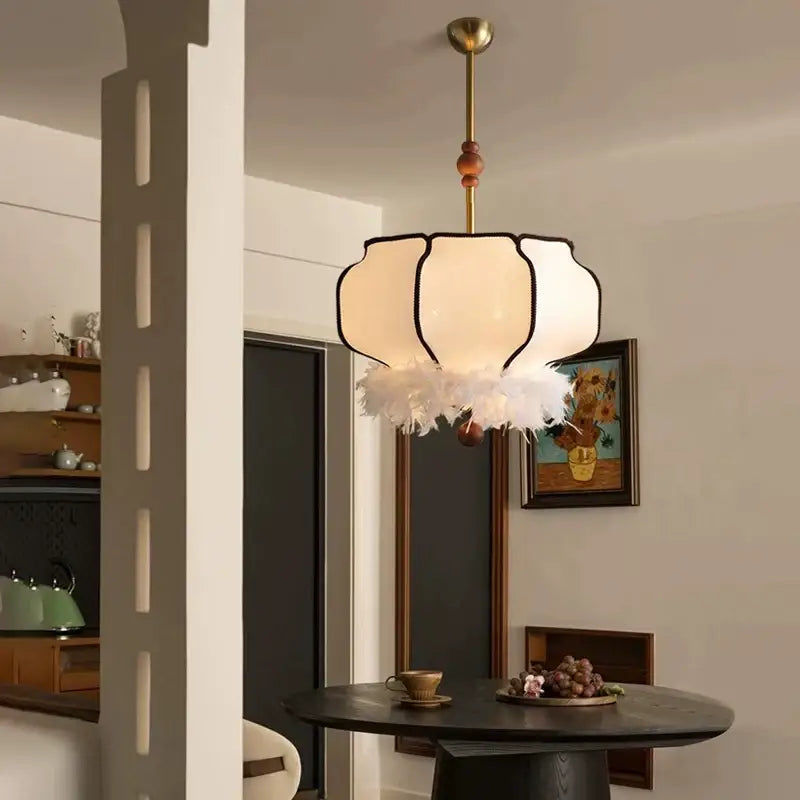 French vintage fabric chandelier cream feather light for dining room
